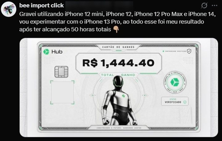 Publicação de bee import click: “Gravei utilizando iPhone 12 mini, iPhone 12, iPhone 12 Pro Max e iPhone 14, vou experimentar com o iPhone 13 Pro, ao todo esse foi meu resultado após ter alcançado 50 horas totais” — cartão de ganhos da HUB mostrando R$ 1.444,40 de total ganho.