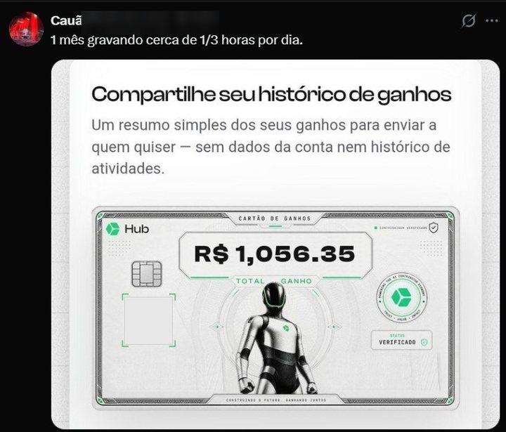 Publicação de Cauã: “1 mês gravando cerca de 1 a 3 horas por dia.” — cartão de ganhos da HUB mostrando R$ 1.056,35 de total ganho.