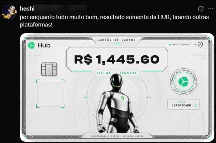 Publicação de hoshi: “por enquanto tudo muito bom, resultado somente da HUB, tirando outras plataformas!” — cartão de ganhos da HUB mostrando R$ 1.445,60 de total ganho.